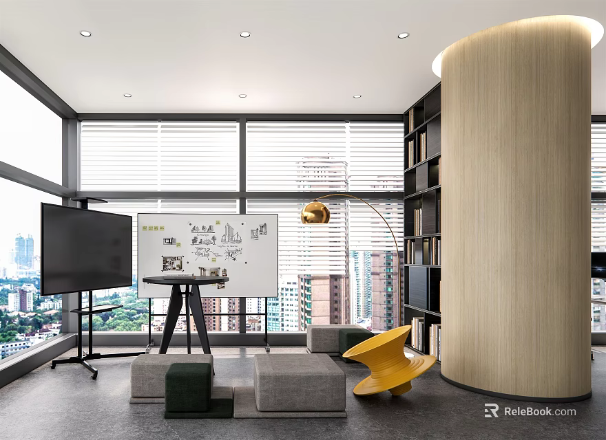 Modern Conference Room With Windows Blinds City View Whiteboard TV Screen Sofa Chair Floor Lamp 3d model 