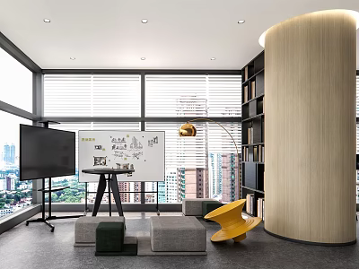 Modern Conference Room With Windows Blinds City View Whiteboard TV Screen Sofa Chair Floor Lamp 3d model