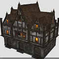 Two Story Medieval Timber Frame Building With Gabled Roof And Lit Windows