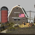 Traditional Farm Barn With Red Silo Windmill And Hay Bales Tractor