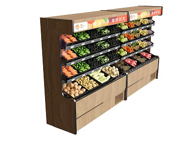 Retail Display Shelving with Multi-tiered Wooden Shelves and Price Labels for Fresh Vegetables and Fruits 3d model