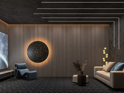 Modern Home Theater With Wooden Wall Circular Starry Light Beige Sofa Blue Armchair Dark Carpet And Green Plant 3d model