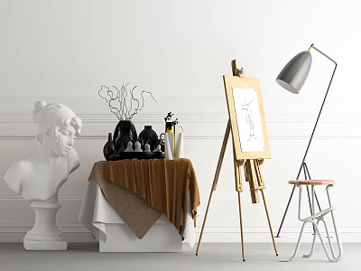 Artistic Musical Instruments and Art Supplies Studio Setup With Easel Drawing Sculpture and Floor Lamp 3d model