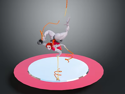 3D Render Pink Circular Base With White Platform Inverted Female Figure Black Object Orange Ropes 3d model