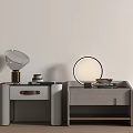 Modern Gray Wooden Bedside Tables With Drawer Lamp And Decorative Items