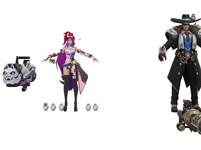 Game Movie Characters Pink Haired Female With Small Robots Western Style Male And Mechanical Device 3d model