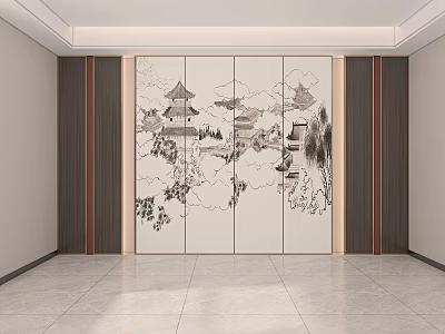 Traditional Chinese Background Wall Featuring Landscape Painting Pavilion Trees And Wood Accents 3d model
