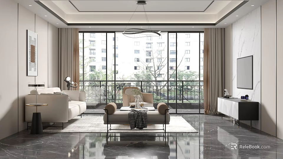 Modern Living Room Interior Design With Large Windows Sofa Chair And Coffee Table 3d model 