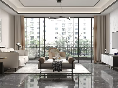 Modern Living Room Interior Design With Large Windows Sofa Chair And Coffee Table 3d model