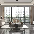 Modern Living Room Interior Design With Large Windows Sofa Chair And Coffee Table