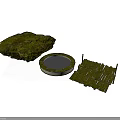 Landscape Scene Components Including Grass Covered Rock Circular Pond And Wooden Fence Structure