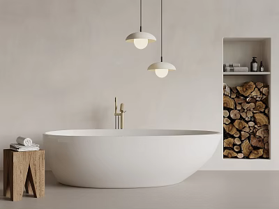 White Freestanding Bathtub With Hanging Pendant Lights Wooden Stool And Woodpile Shelf In Minimalist Bathroom 3d model