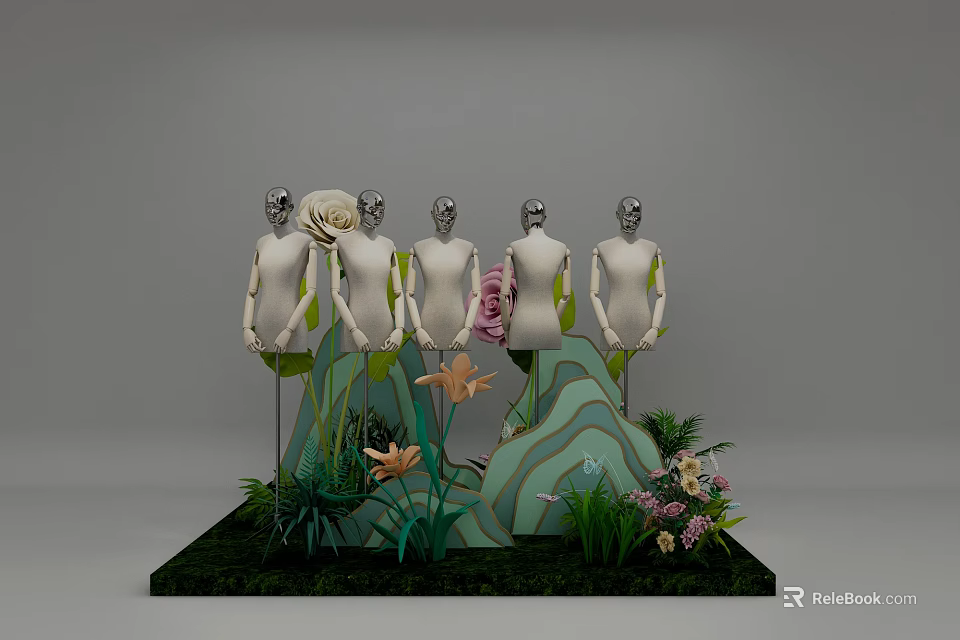 Window Display Decoration with Mannequins Flowers Green Plants and Rockery Design 3d model 