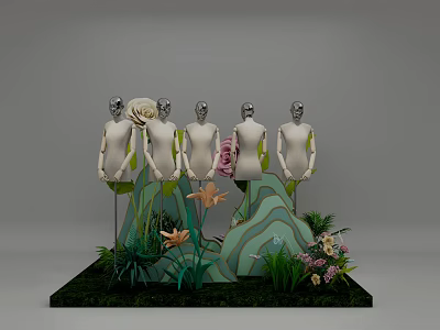 Window Display Decoration with Mannequins Flowers Green Plants and Rockery Design 3d model