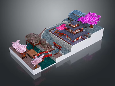 Cartoon Scene With Traditional Buildings Cherry Blossom Trees Stone Bridge And Pond 3d model