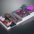 Cartoon Scene With Traditional Buildings Cherry Blossom Trees Stone Bridge And Pond