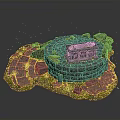 Ancient Circular Stone Ruins Structure Surrounded By Mossy Stones And Green Grass