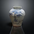Traditional Hand-Painted White Ceramic Vase With Blue Bamboo And Table Patterns 3d model