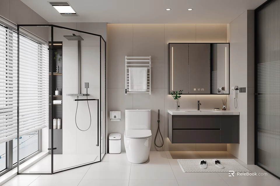 Modern Bathroom Interior Featuring Glass Shower Enclosure Toilet Vanity Mirror And Green Plant 3d model 