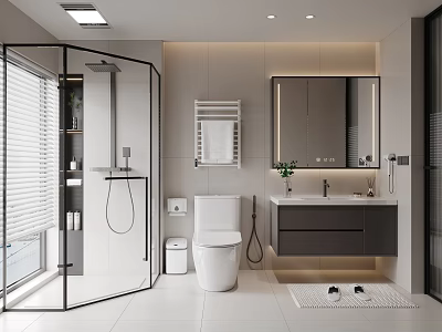 Modern Bathroom Interior Featuring Glass Shower Enclosure Toilet Vanity Mirror And Green Plant 3d model