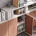 Brown White Modular File Cabinet With Perforated Design And Books Photo Frames In Bright Room