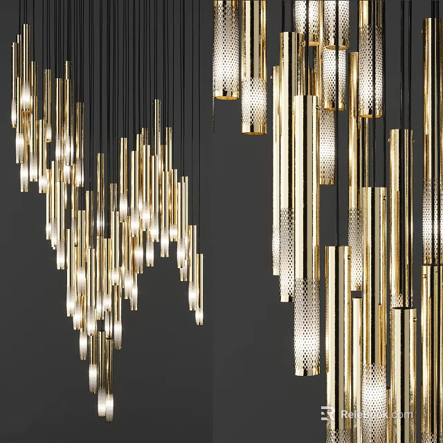 Modern Golden Chandeliers with Hanging Metallic Tubes of Varying Lengths and Illuminated Design 3d model 