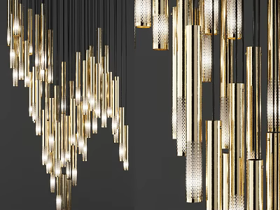Modern Golden Chandeliers with Hanging Metallic Tubes of Varying Lengths and Illuminated Design 3d model