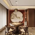 Modern Chinese Style Hotel Mahjong Room Interior Design With Wooden Tables And Round Mirror