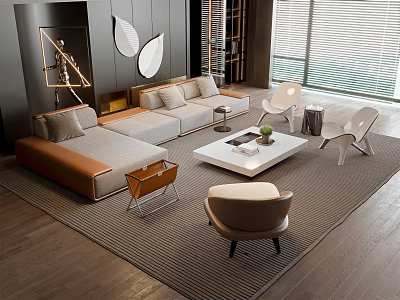 Modern Living Room Setup With Sofa Coffee Table Set Accent Chairs And Decorative Rug 3d model