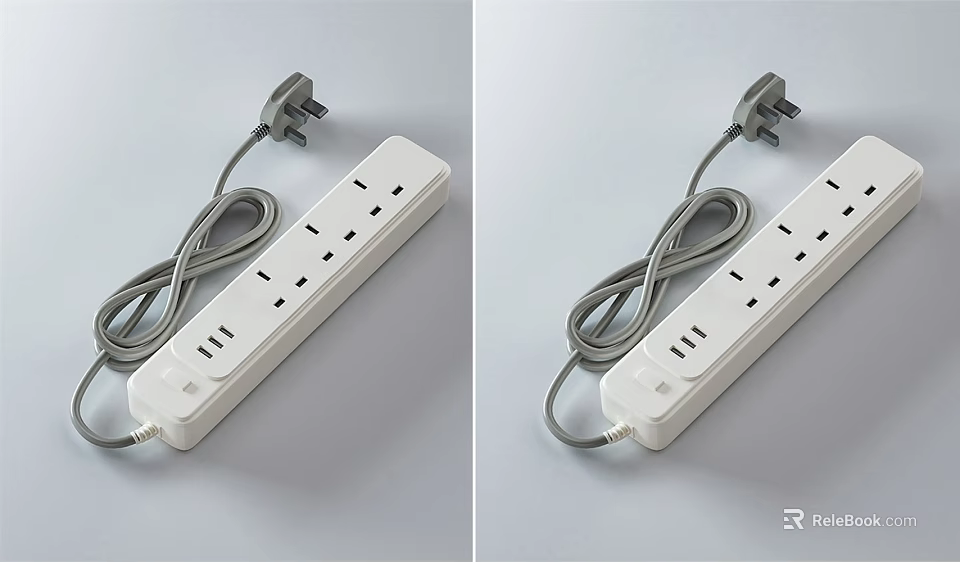 White Power Strip With Gray Power Cord Multiple Outlets And USB Ports 3d model 