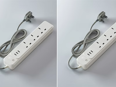 White Power Strip With Gray Power Cord Multiple Outlets And USB Ports 3d model