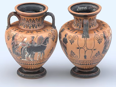 Black Figure Decorated Ancient Greek Vases With Chariot Human Figures And Spiral Patterns 3d model