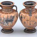 Black Figure Decorated Ancient Greek Vases With Chariot Human Figures And Spiral Patterns