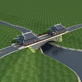 Chinese Traditional Bridge With Pagoda Style Pavilions Over River And Green Grassland