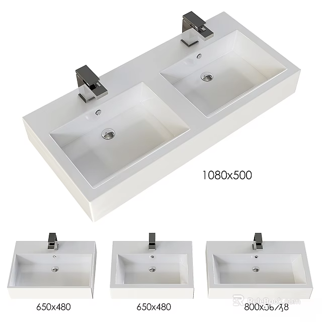 White Double Basin Bathroom Sink With Faucet And Dimensions 1080x500 Design 3d model 