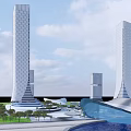 Modern Office Building Complex With Tall Towers Green Landscaping And Unique Architectural Design 3d model