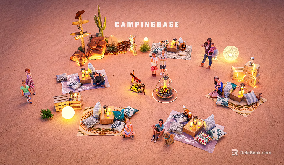 People Gathering at Camping Base with Bonfire Tents and String Lights 3d model