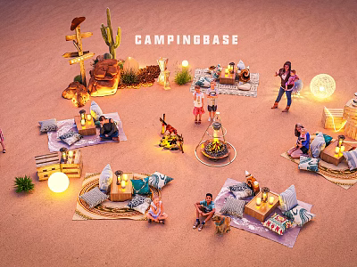People Gathering at Camping Base with Bonfire Tents and String Lights 3d model