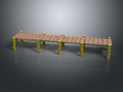 Long Wooden Slat Platform With Golden Support Pillars And Reflective Surface 3d model