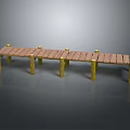 Long Wooden Slat Platform With Golden Support Pillars And Reflective Surface 3d model