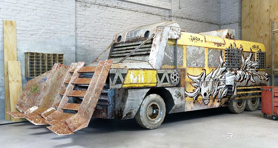 Rusted Modified Car With Graffiti Art Scrap Metal Parts And Brick Wall Background 3d model 