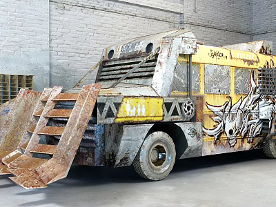 Rusted Modified Car With Graffiti Art Scrap Metal Parts And Brick Wall Background 3d model