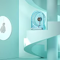 Blue Air Cooler Fan With Modern Design On Spiral Steps In Light Blue Tone