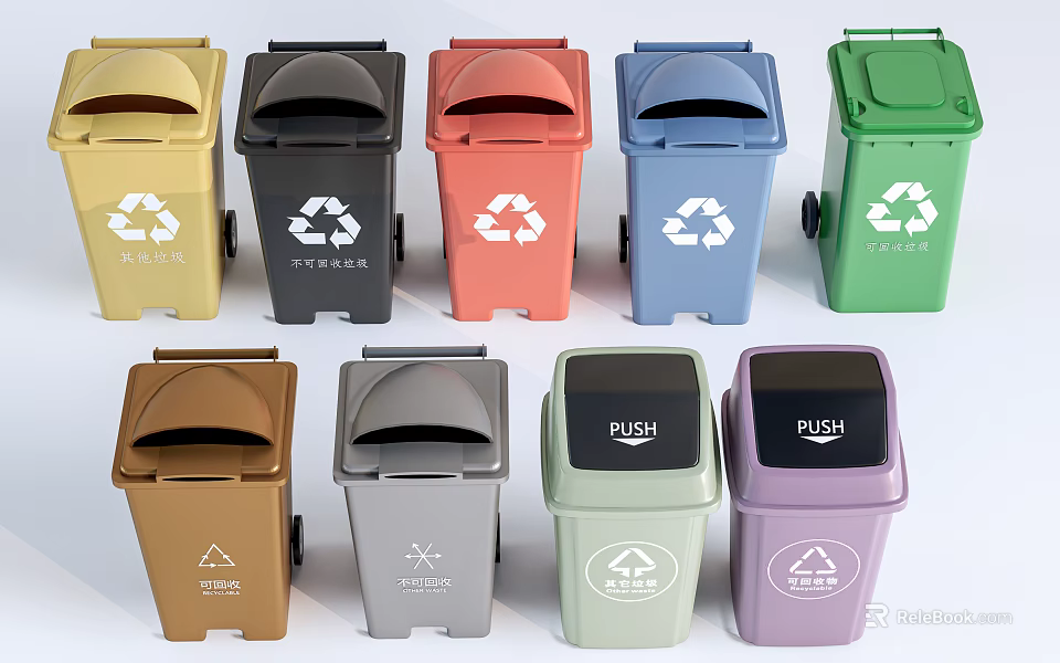 Public Color Coded Trash Bins With Recycling Symbols And Push Lids For Waste Separation 3d model 