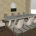 Modern Conference Table With White Chairs Wooden Floor Wall Painting Large Window Blinds And Rug