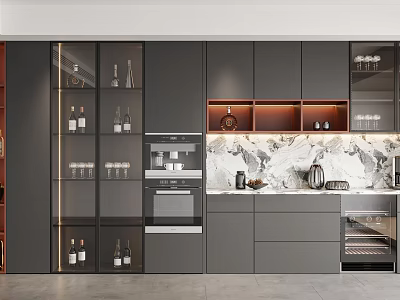 Modern Kitchen Wine Cabinet With Glass Doors Wine Bottles And Marble Countertop 3d model