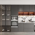 Modern Kitchen Wine Cabinet With Glass Doors Wine Bottles And Marble Countertop