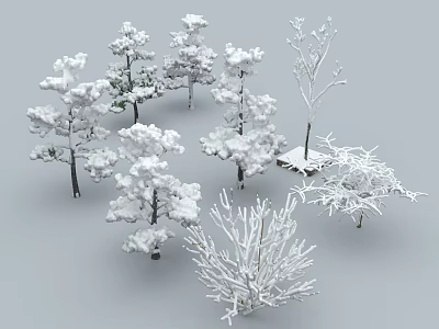 Various Snow Covered Arbor Trees With Different Shapes In Winter Landscape 3d model
