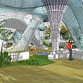 Modern Square Landscape With Curved Glass Architectural Structures Water Feature And Lush Greenery