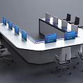 Modern Office Desk With Curved Design Multiple Blue Monitors Ergonomic Chairs And Storage Units